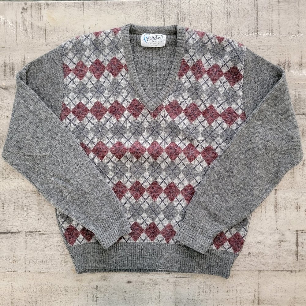 Ferranti Gray and Burgandy Argyle Pullover V-Neck Wool Blend Swe…